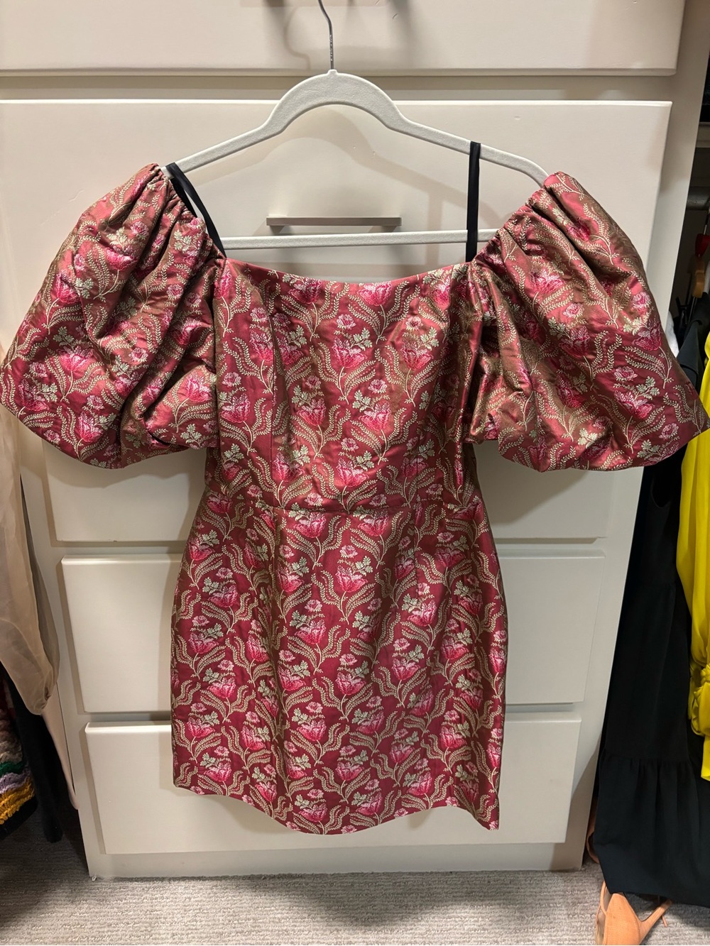 Markarian Pink and Gold Brocade Puff-Sleeve Mini Dress